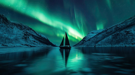 A majestic scene of the aurora borealis stretching across the sky above a frozen fjord in northern Norway, with a lone sailboat silhouetted against the vibrant display. -の素材