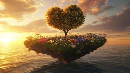 A floating island featuring a heart-shaped tree, surrounded by colorful flowers and lush grass, hovering above a vast ocean under a golden sunsetの素材