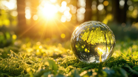 A glass globe reflecting the greenery of a forest under sunlight, symbolizing a green companyaes dedication to sustainability, environmental conservation, and earth careの素材