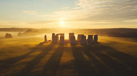 A wide-angle shot of Stonehenge during sunrise, with warm, golden light spreading across the landscape, capturing the ancient stones in a serene morning glowの素材