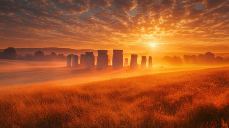 A wide-angle shot of Stonehenge during sunrise, with warm, golden light spreading across the landscape, capturing the ancient stones in a serene morning glowの素材