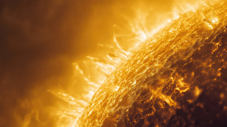 A breathtaking close-up of the sun's sunspots, intricate dark regions on its surface, contrasted against the bright solar atmosphere.の素材