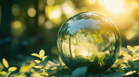 A glass globe reflecting the greenery of a forest under sunlight, symbolizing a green companyaes dedication to sustainability, environmental conservation, and earth careの素材