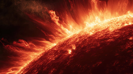 A high-resolution image of the sun's chromosphere, the lower layer of its atmosphere, showcasing its vibrant red hue and dynamic activity.の素材