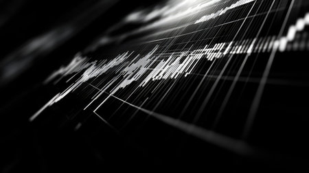 A high-contrast image of a stock market graph, with sharp lines and dramatic shadows, highlighting the volatility and risk of trading.の素材
