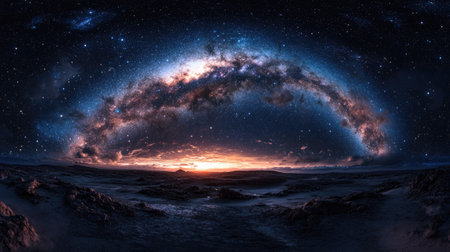 A photorealistic image of a starry night sky, with the Milky Way galaxy stretching across the horizon, creating a dramatic and abstract background.の素材
