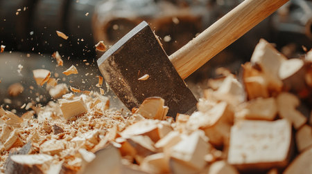 Close-up of firewood being chopped with an axe, with wood chips flying and a pile of freshly split logs on the ground, capturing a moment of rustic laborの素材