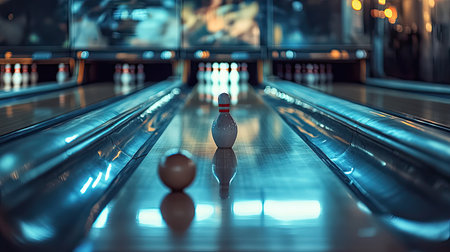Close-up of bowling pins at the end of a lane in a Jakarta alley, with a cue stick in the foreground, capturing the moment of anticipation before a strikeの素材