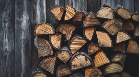Close-up of chopped firewood with visible growth rings and bark, piled neatly against a rustic wooden fence, ready to be used in a cozy fireの素材