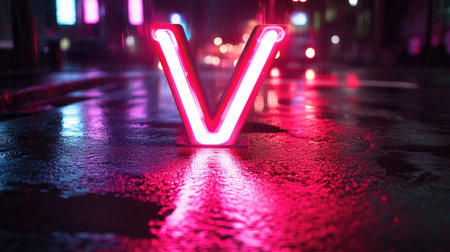 Close-up of a neon "V" sign glowing brightly against a dark urban background, with reflections on a rainy street creating a moody atmosphereの素材