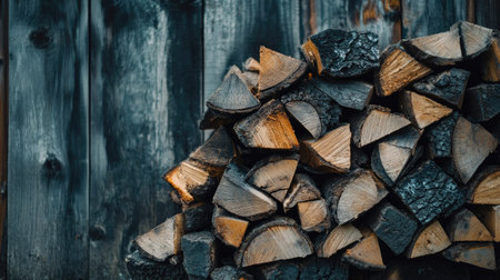 Close-up of chopped firewood with visible growth rings and bark, piled neatly against a rustic wooden fence, ready to be used in a cozy fireの素材