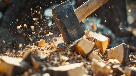 Close-up of firewood being chopped with an axe, with wood chips flying and a pile of freshly split logs on the ground, capturing a moment of rustic laborの素材