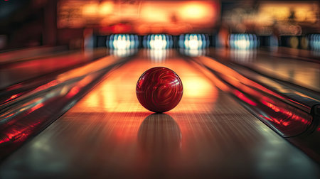 Close-up of a bowling cue on a lane in a Jakarta alley, with the background blurred to emphasize the game equipment and the bright, dynamic settingの素材