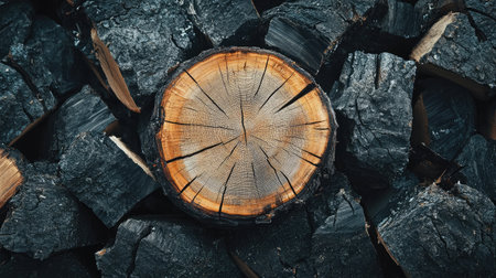 Close-up of a single log with visible tree rings and rough bark, surrounded by a pile of split firewood, highlighting the natural textures and colorsの素材