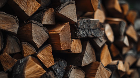 Close-up of chopped firewood pieces with visible rings and bark, piled in a backyard, capturing the natural textures and colors of seasoned woodの素材