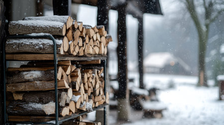 Firewood logs stacked high in a metal rack on a porch, ready for winter use, with snow gently falling in the background, creating a cozy, wintry sceneの素材