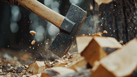 Close-up of firewood being chopped with an axe, with wood chips flying and a pile of freshly split logs on the ground, capturing a moment of rustic laborの素材