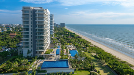 Hua Hin, Thailand: Exterior of a serviced condominium for rent with a pool, green surroundings, and stunning views of the beach and ocean under a clear skyの素材