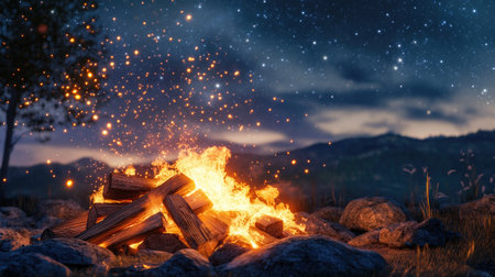 Firewood piled up next to a roaring outdoor fire pit, with flames and sparks flying, set against the backdrop of a cool evening and a starry skyの素材