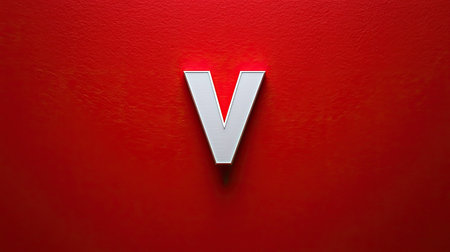Minimalist composition with a single white "V" letter on a vibrant red background, centered in the frame, conveying simplicity and boldnessの素材