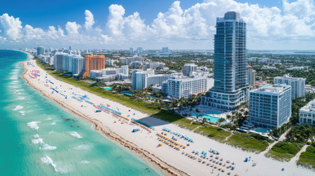 Miami Beach aerial shot on Aug 06, 2023, highlighting The Setai hotel and the surrounding South Beach area, with clear blue ocean waters and a lively beachfront sceneの素材