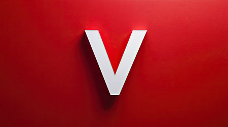 Minimalist composition with a single white "V" letter on a vibrant red background, centered in the frame, conveying simplicity and boldnessの素材