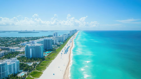 Miami Beach, Florida, aerial view on Aug 06, 2023, showcasing The Setai hotel and luxury resorts near South Beach with a panoramic view of the turquoise ocean and white sandsの素材