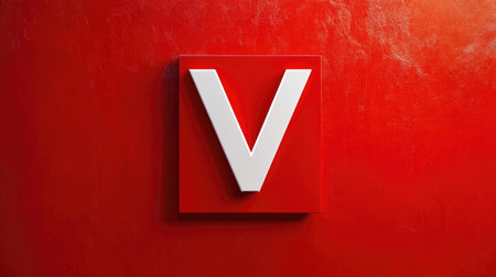 Minimalist composition with a single white "V" letter on a vibrant red background, centered in the frame, conveying simplicity and boldnessの素材