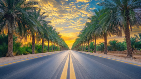 Palm date trees lining both sides of a road, with their shadows cast on the asphalt and a vibrant sky above, creating a picturesque roadside sceneの素材