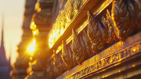 Close-up of Wat Arun's intricate details and golden lights shining in the evening, capturing the temple's architectural splendor against a fading sunsetの素材