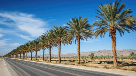 Row of palm date trees lining the side of a highway, with a clear blue sky and asphalt road stretching into the distance, highlighting desert landscapingの素材