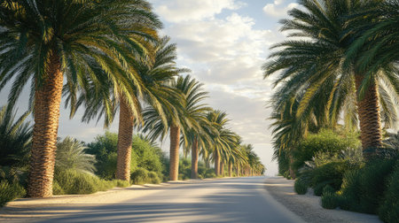 Palm date trees with lush green fronds growing alongside a winding road, under a bright sky, capturing the blend of natural beauty and urban landscapeの素材