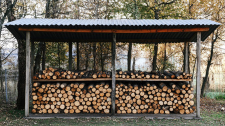 Stacked firewood neatly arranged under a tin roof, ready for winter, with a mix of split logs and round pieces, creating a practical and rustic sceneの素材