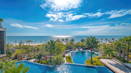 Luxury serviced condo in Hua Hin, Thailand, with a spacious balcony overlooking a beautiful beach, azure sea, swimming pool, and lush greenery under a sunny skyの素材