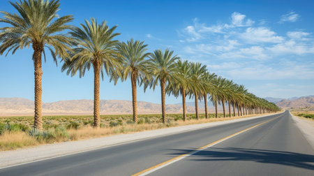 Row of palm date trees lining the side of a highway, with a clear blue sky and asphalt road stretching into the distance, highlighting desert landscapingの素材