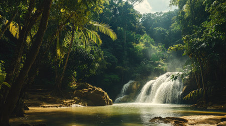 Jungle Oasis: The beautiful Kuang Si Waterfall and its lush, green surroundings in Luang Prabang, Laos. A perfect blend of water and vegetation.の素材