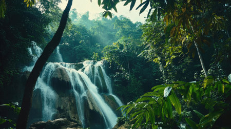 Jungle Cascade: Kuang Si Waterfall surrounded by dense jungle and vibrant green plants in Luang Prabang, Laos. A breathtaking natural wonder.の素材