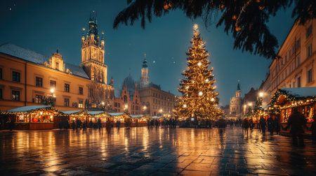 Krakow's Main Market Square adorned for Christmas, with a towering Christmas tree glowing with lights, standing beside the beautifully lit Cloth Hall.の素材