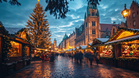 Krakow's Main Market Square during the holiday season, showcasing a beautifully decorated Christmas tree and the historic Cloth Hall illuminated by soft, warm lights.の素材