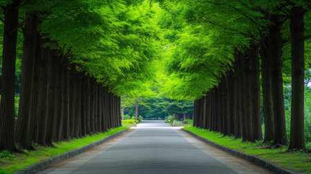 Leafy Path: The tranquil and beautiful metasequoia-lined road in Damyang, Korea, offering a peaceful walk amidst lush green trees.の素材