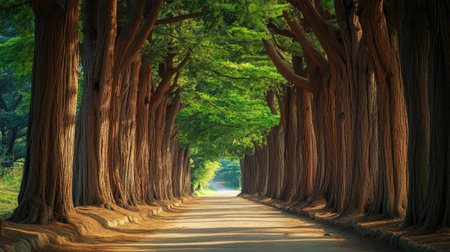Nature's Pathway: Damyangaes metasequoia tree-lined road, Korea, with majestic trees forming a beautiful natural pathway.の素材