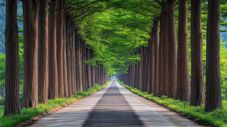 Nature's Pathway: Damyangaes metasequoia tree-lined road, Korea, with majestic trees forming a beautiful natural pathway.の素材