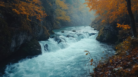 Radovna River Rapids: Dynamic shot of the Radovna River's rapids coursing through the stunning Vintgar Gorge near Bled, Slovenia, amidst rich foliage.の素材