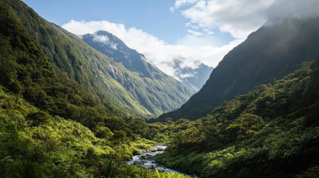 Mountain landscape forming a natural "V" valley, with a river flowing through, surrounded by lush greenery and a clear blue sky aboveの素材