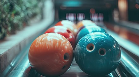 Shot of bowling balls lined up at a Jakarta alley, with cues resting beside them, capturing the preparation and excitement of a game night in Indonesiaの素材