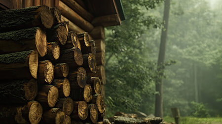 Stacked firewood logs outside a cabin in the woods, with morning dew glistening on the bark, surrounded by a backdrop of green forest and misty airの素材