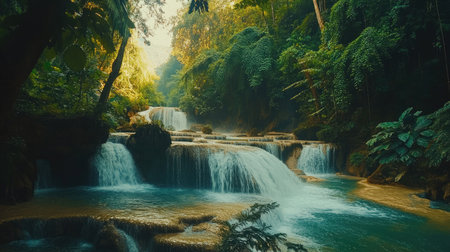 Nature's Symphony: Kuang Si Waterfall in Luang Prabang, Laos, with lush greenery and cascading waters creating a symphony of nature's beauty.の素材