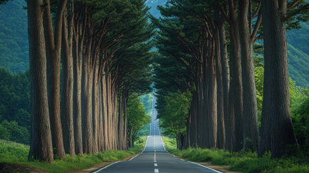 Nature's Passage: Damyangaes metasequoia-lined road, Korea, showcasing the tall, majestic trees creating a picturesque passageway.の素材