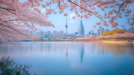 Seokchon Lake adorned with cherry blossoms, Lotte Worldaes iconic structures reflected in the water, capturing the harmony of nature and fun in springtime Seoulの素材