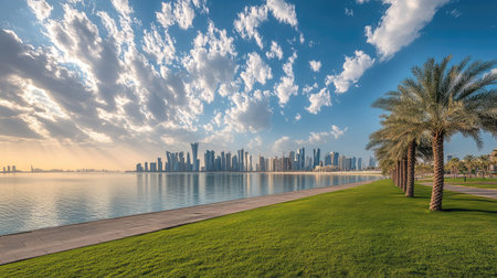 Skyline Tranquility: The serene skyline of Doha as viewed from Sheraton Park on a cloud-dotted January day in 2022. Urban beauty in daylight.の素材